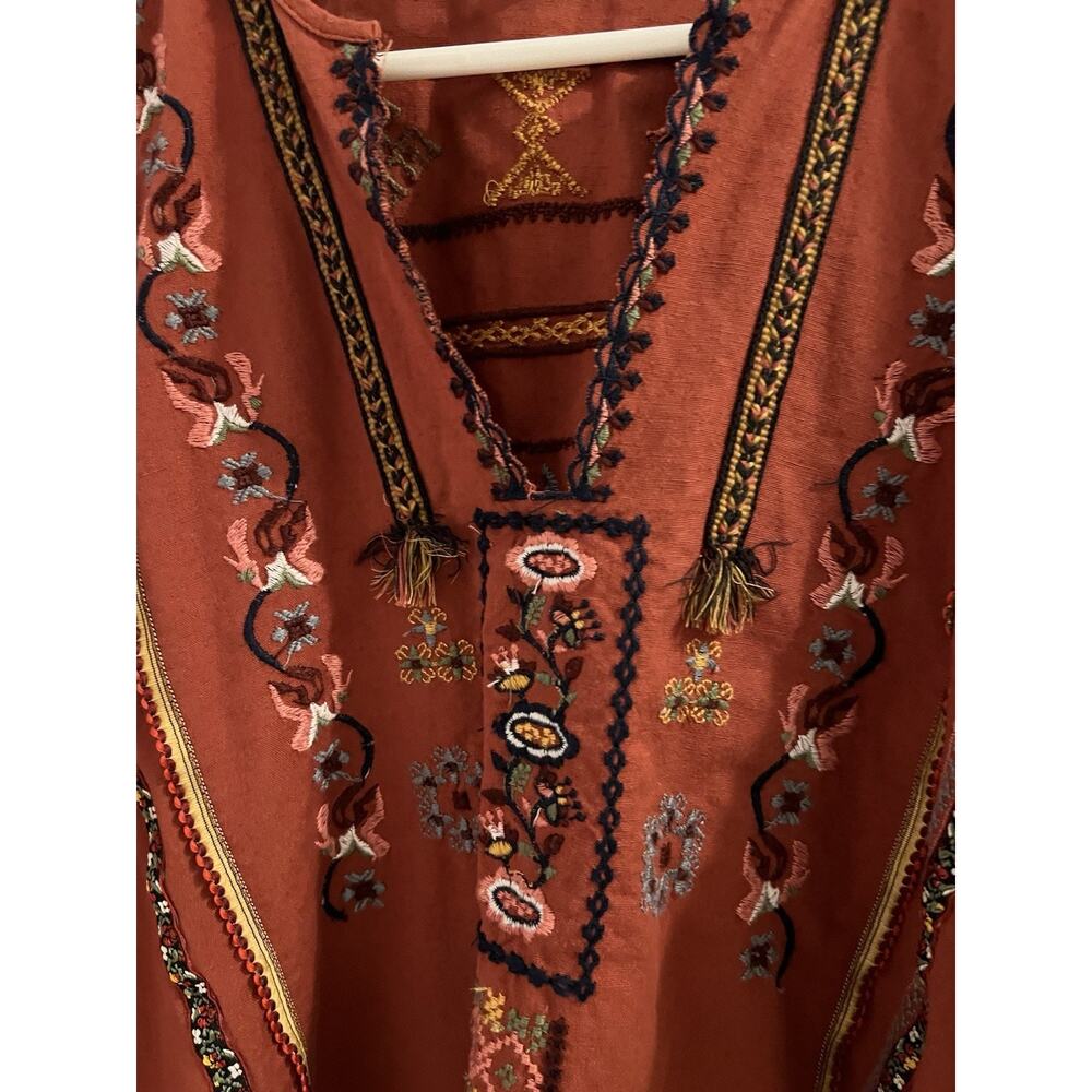 Zara Rust Floral Embroidered V Neck Popover Shirt Sz S Boho Peasant Linen Blend - Picture 5 of 10